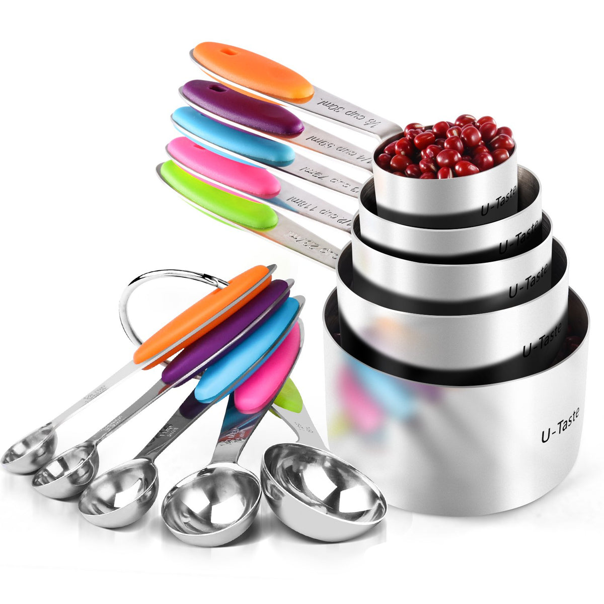 U-Taste front view of 10-piece measuring set showing multicolor handles and neat arrangement for easy selection