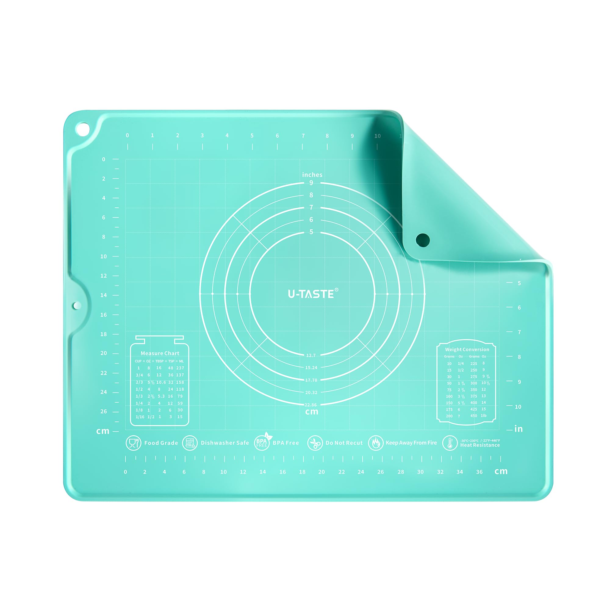 U-Taste pastry mat front view showing full aqua sky surface and measurements for tidy prep