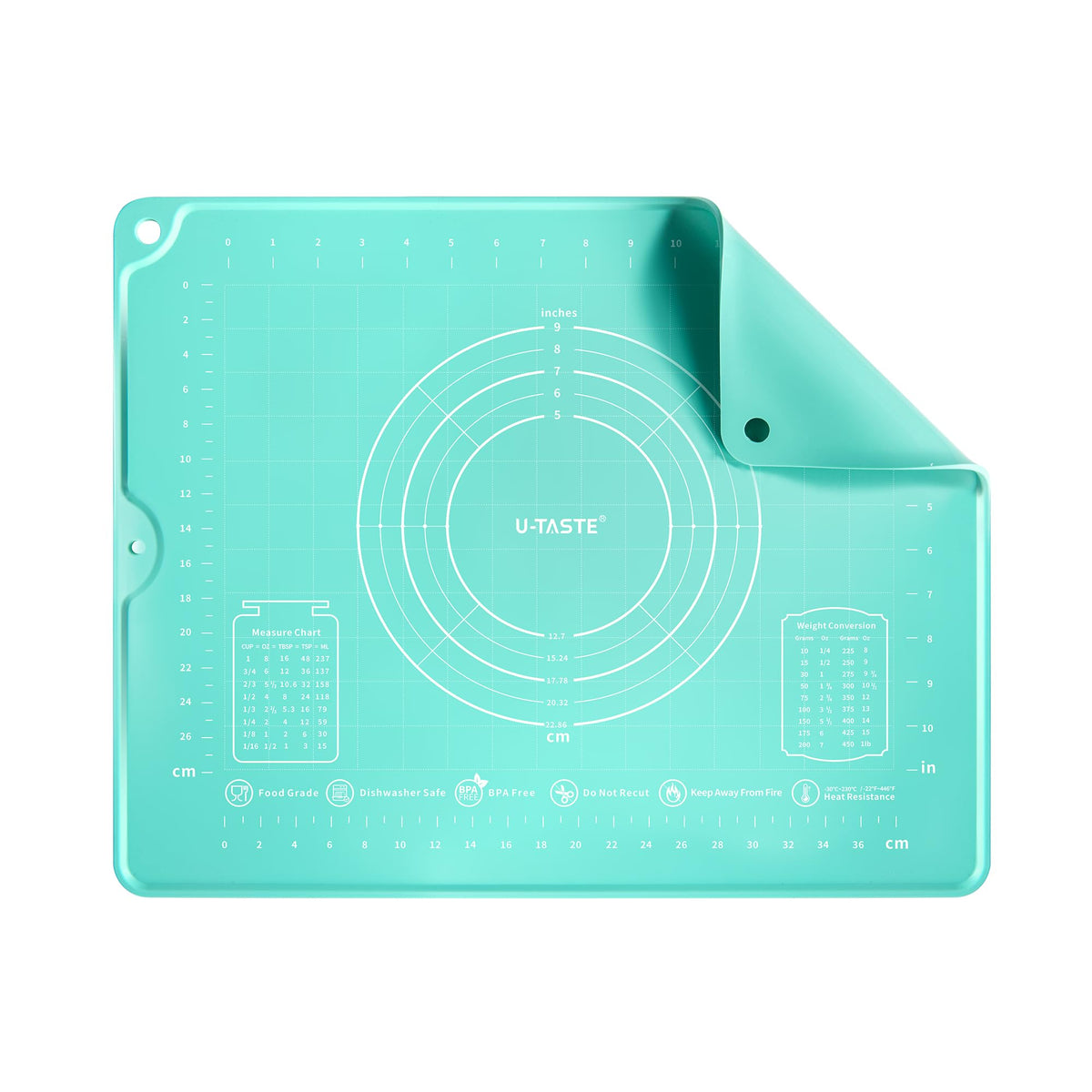 U-Taste pastry mat front view showing full aqua sky surface and measurements for tidy prep