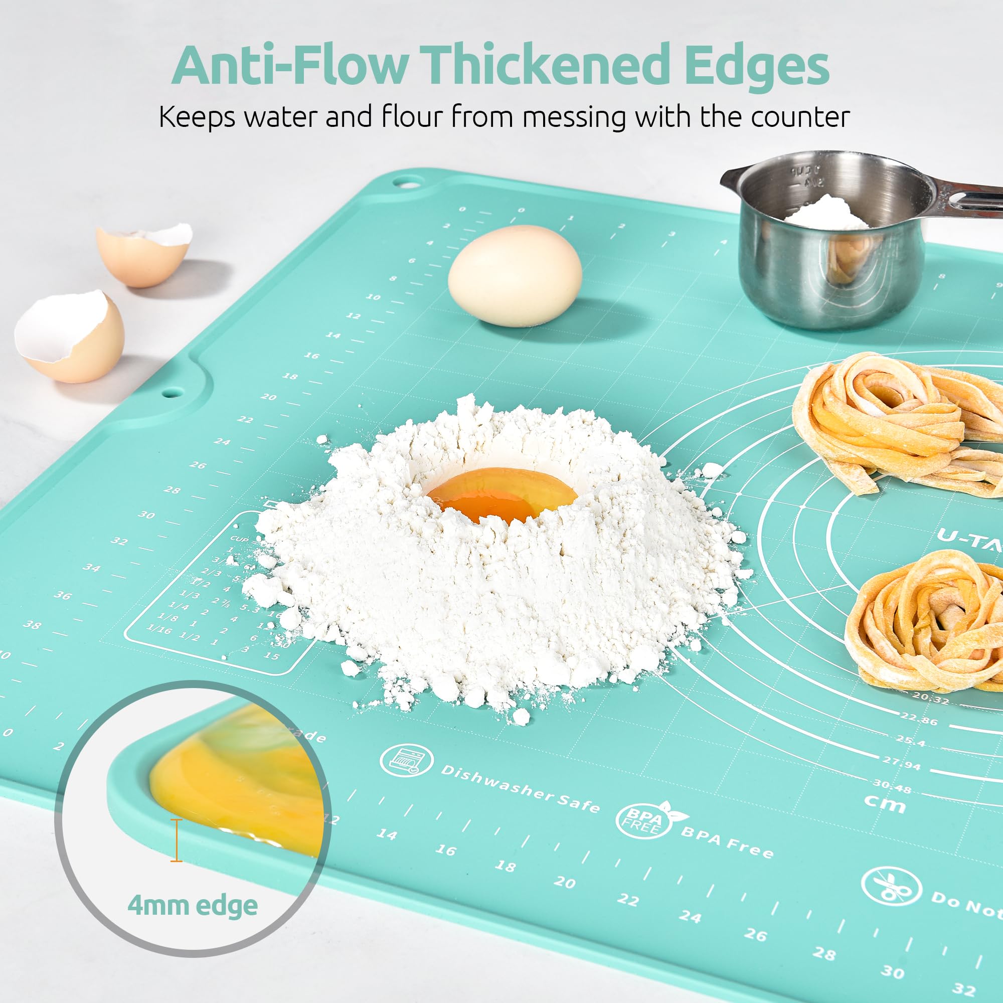U-Taste raised edge retaining flour and water to prevent countertop spills during mixing