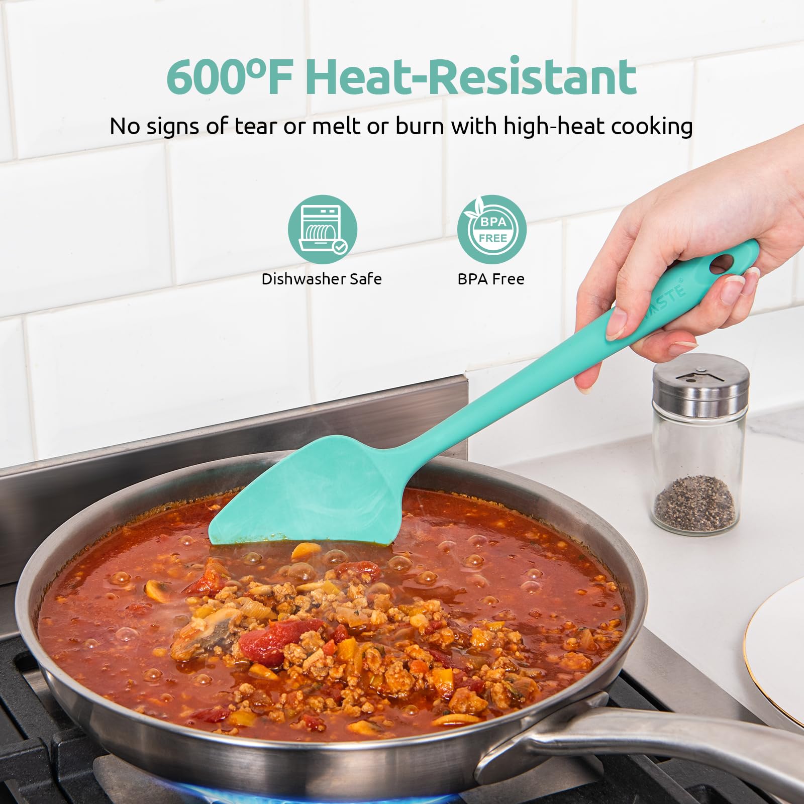 U-Taste spatula scraping mixing bowl showing flexible edge benefit thorough scraping