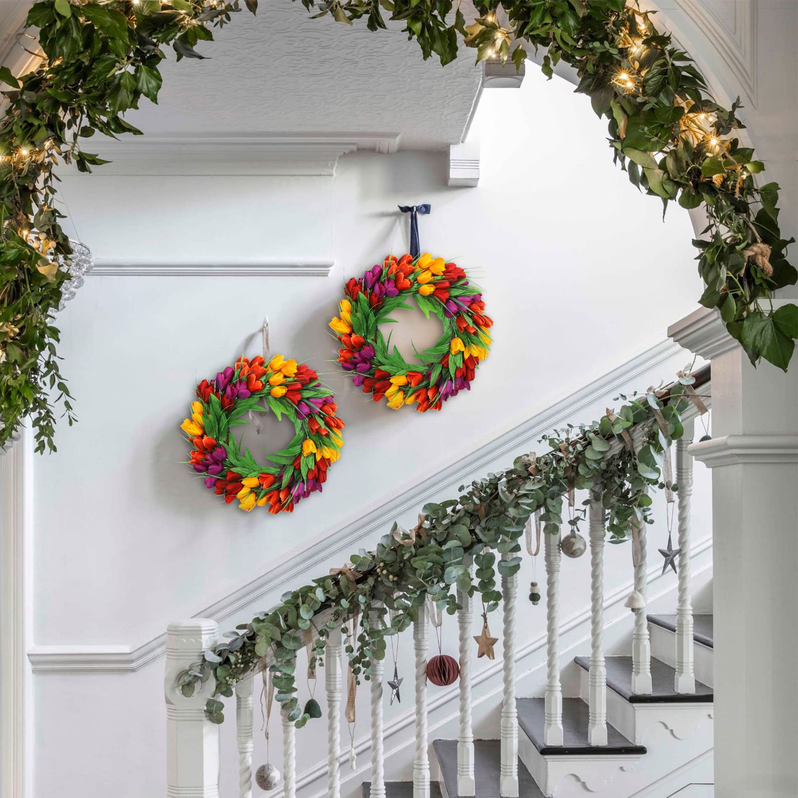 U'Artlines wreath on a mantel creating a bright indoor focal point