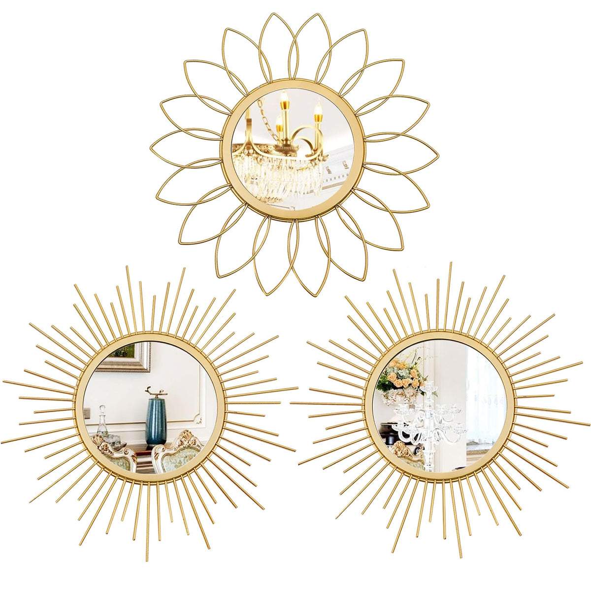 Uaussi gold sunburst mirror front view showing radiant focal design and brightening benefit