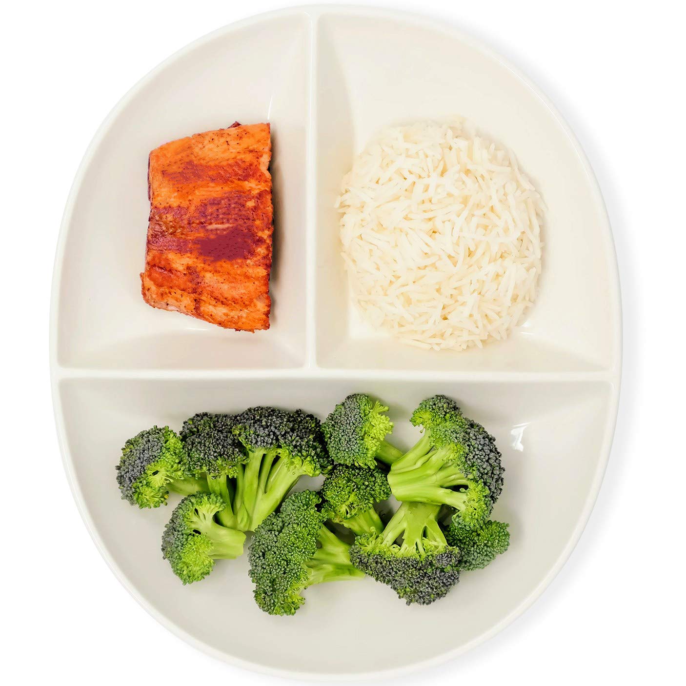 Uba front view of white portion control plate showing divided sections for balanced meals
