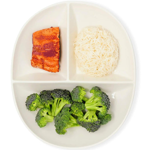 Uba front view of white portion control plate showing divided sections for balanced meals