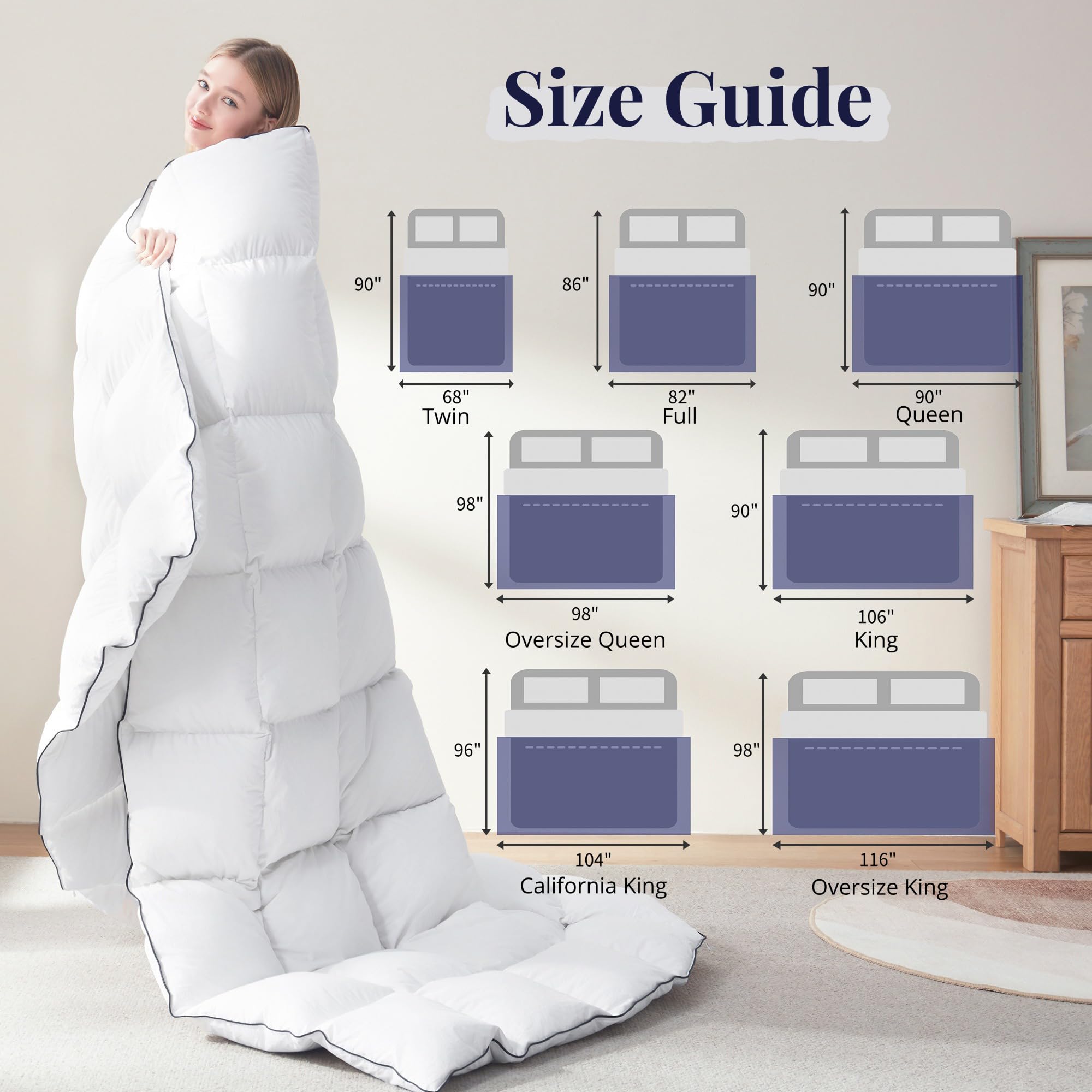 Ubauba size scale comparison showing 90x90 queen fit and dimension clarity