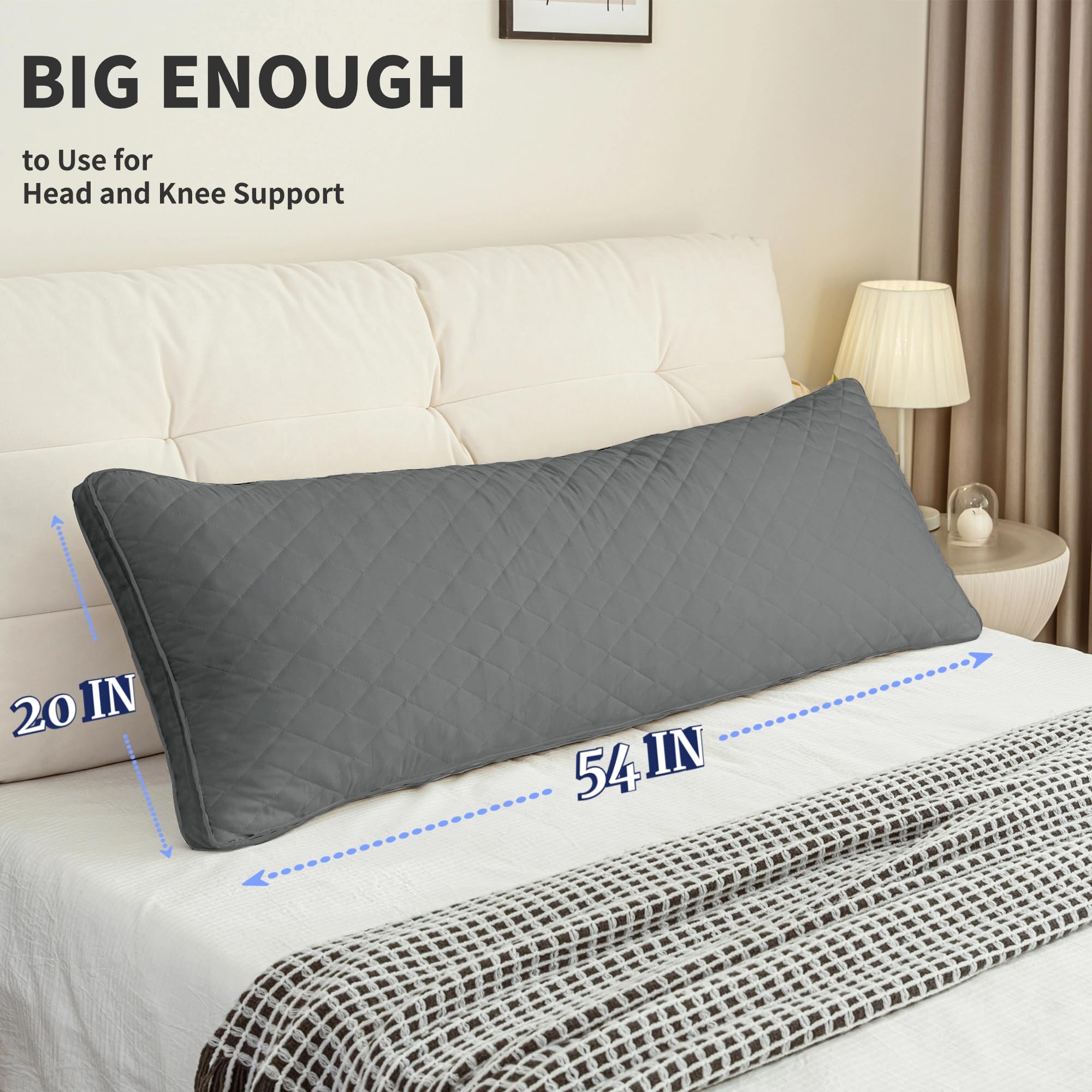 Ubauba pillow beside a ruler size comparison showing 20x54 inch full-length support