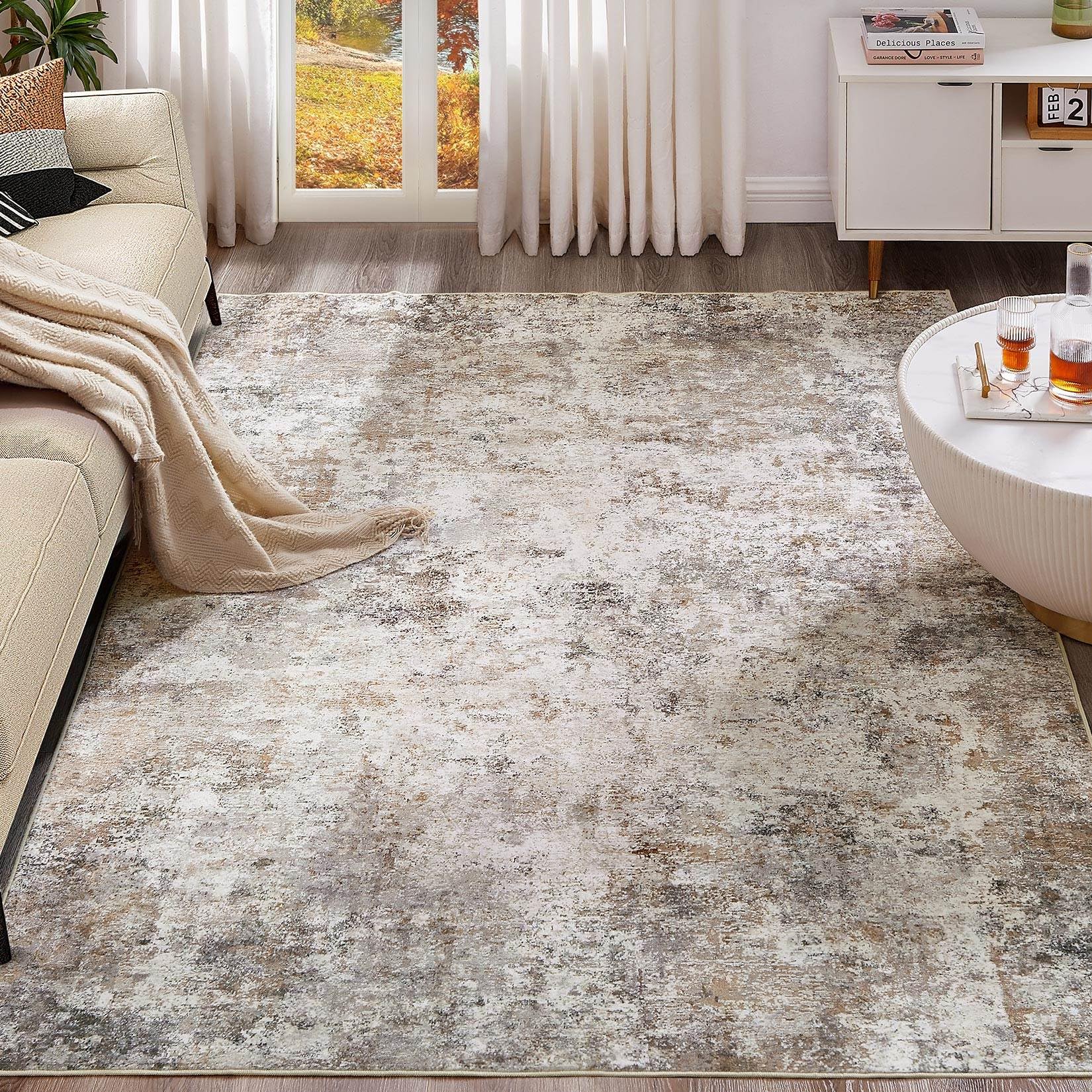 UERMEI front view of 8x10 rug showing neutral abstract design and cozy appeal
