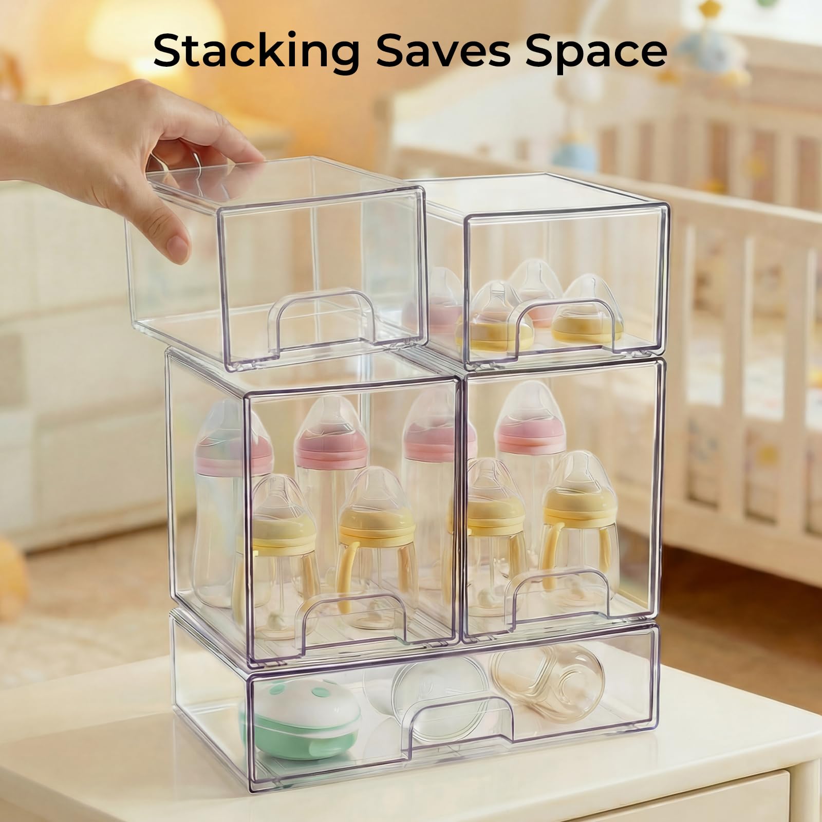 UFORU drawers filled with bottles and pump parts for quick visibility benefit