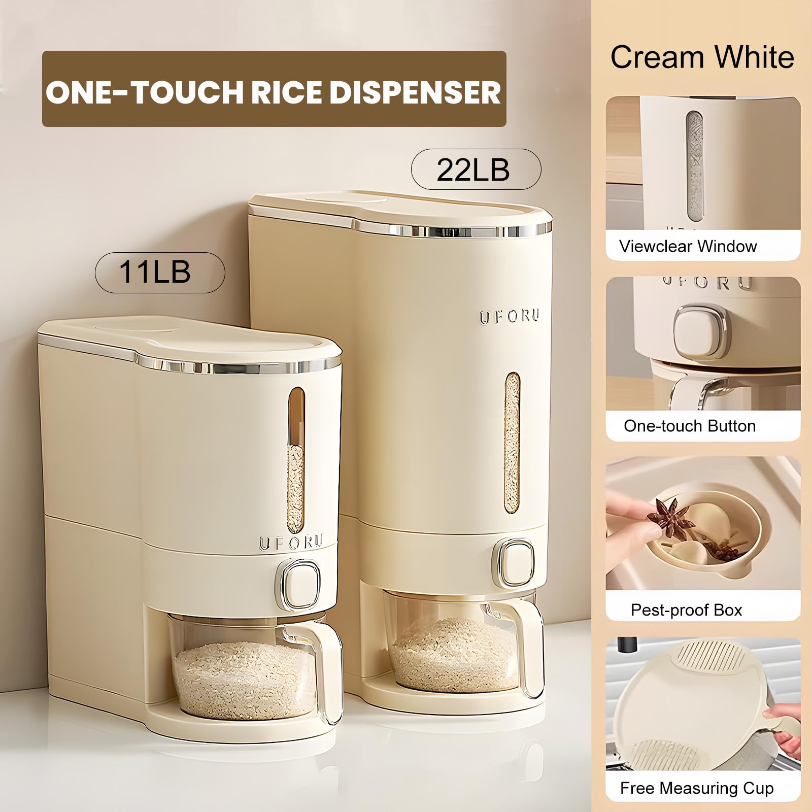 UFORU pouring rice from spout to bowl for spill-free dispensing benefit