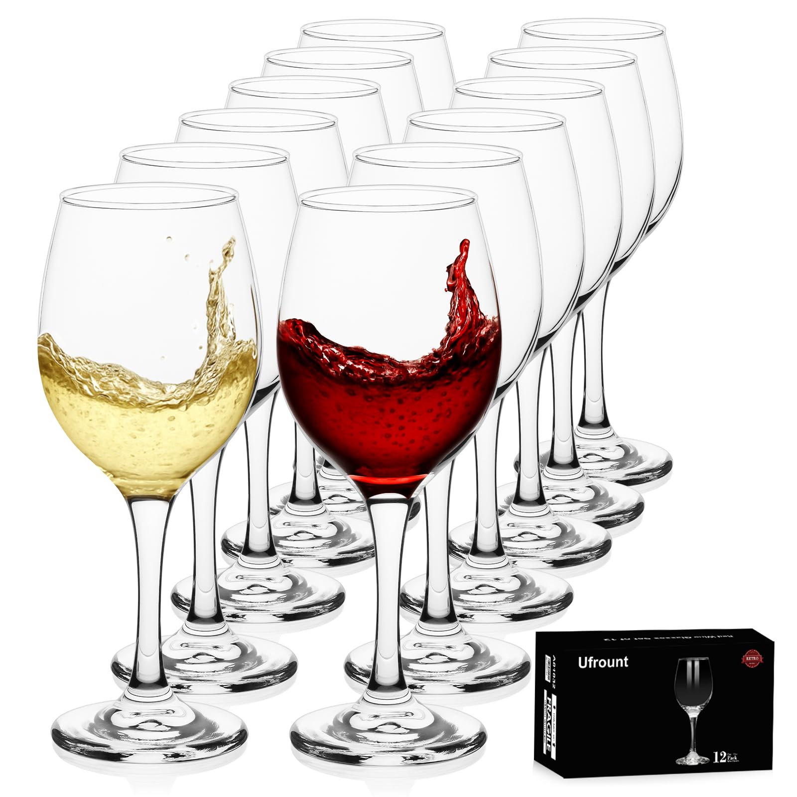 Ufrount clear wine glasses front packaging showing full 12-piece set and neat box — ideal for gifting