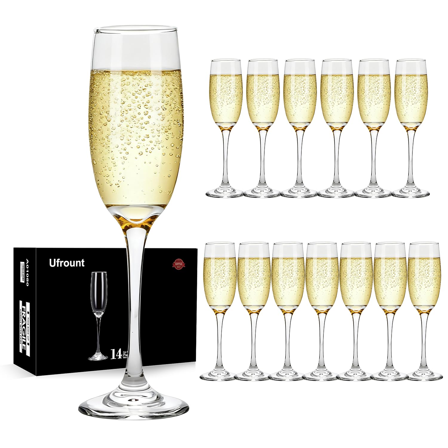 Ufrount front packaging showing set of 14 flutes and protective box, ideal for gifting