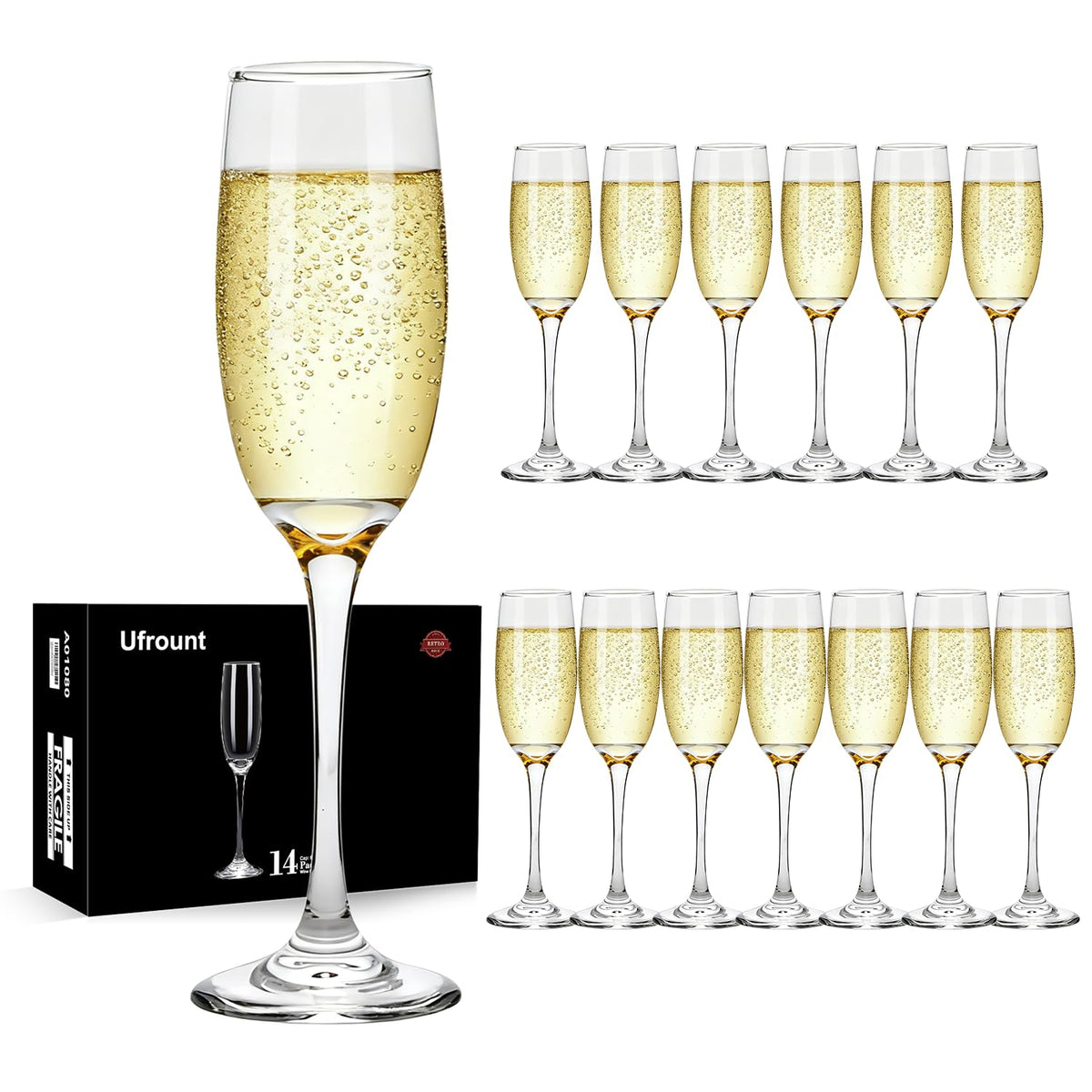Ufrount front packaging showing set of 14 flutes and protective box, ideal for gifting