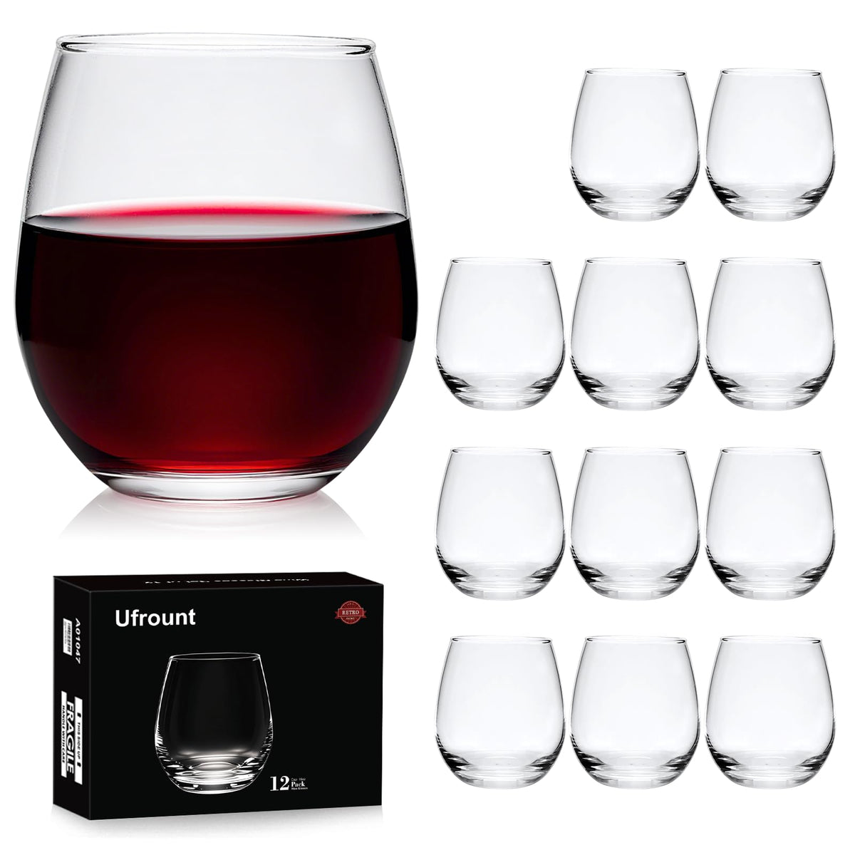 Ufrount front view of 12 clear stemless glasses showing sleek design and uniform set