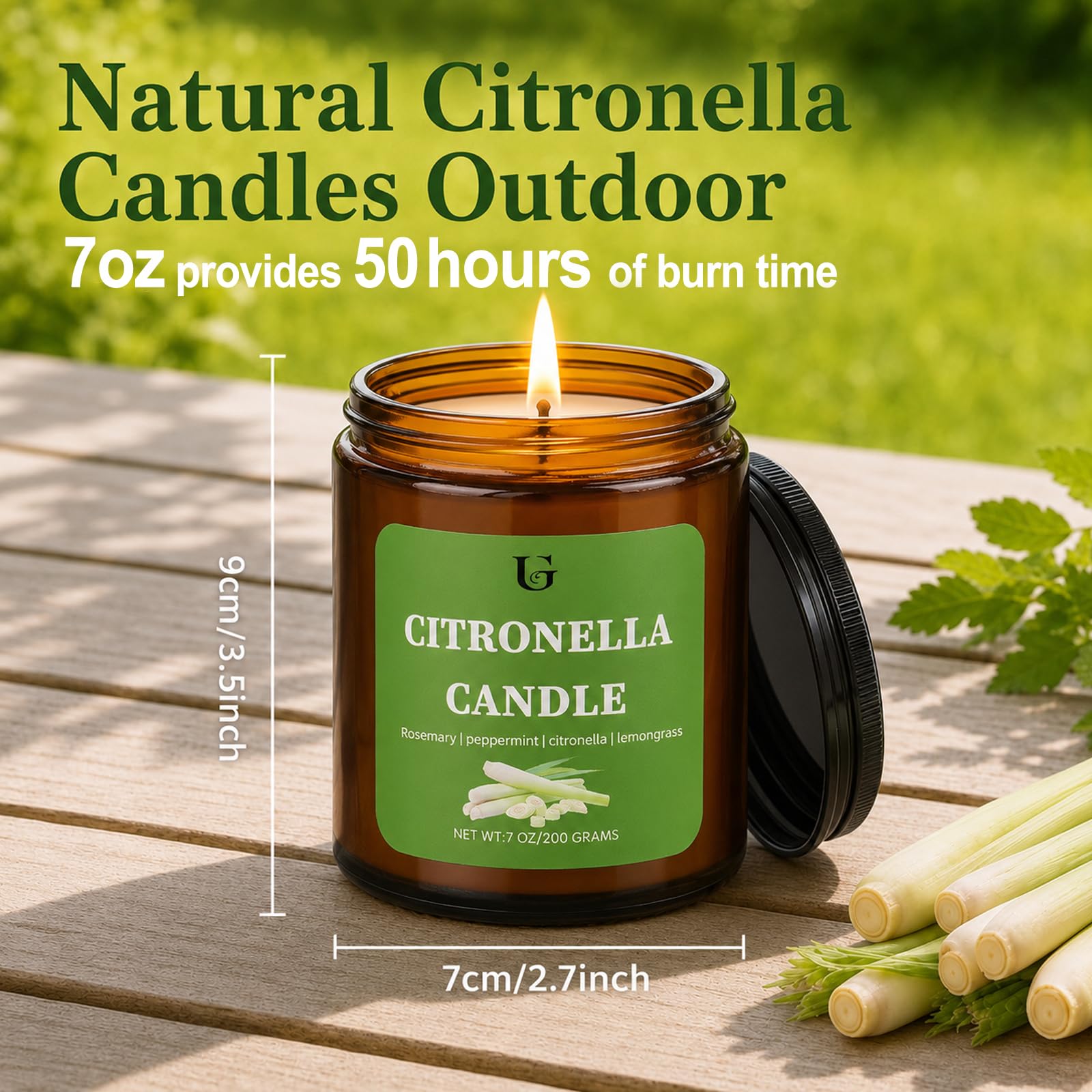 UGBEM lit candle on patio creating warm ambiance and outdoor comfort benefit