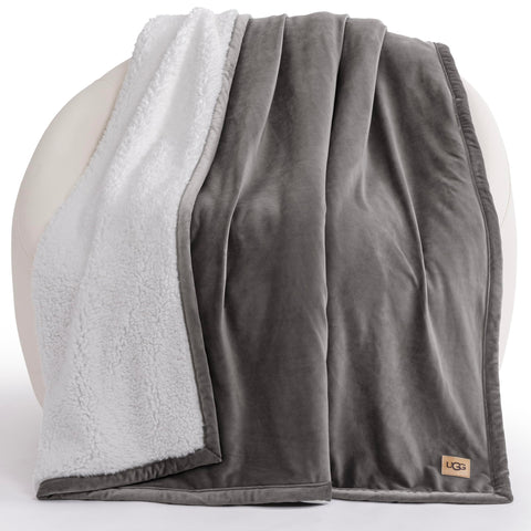 UGG folded charcoal front fleece showing neat drape and modern look