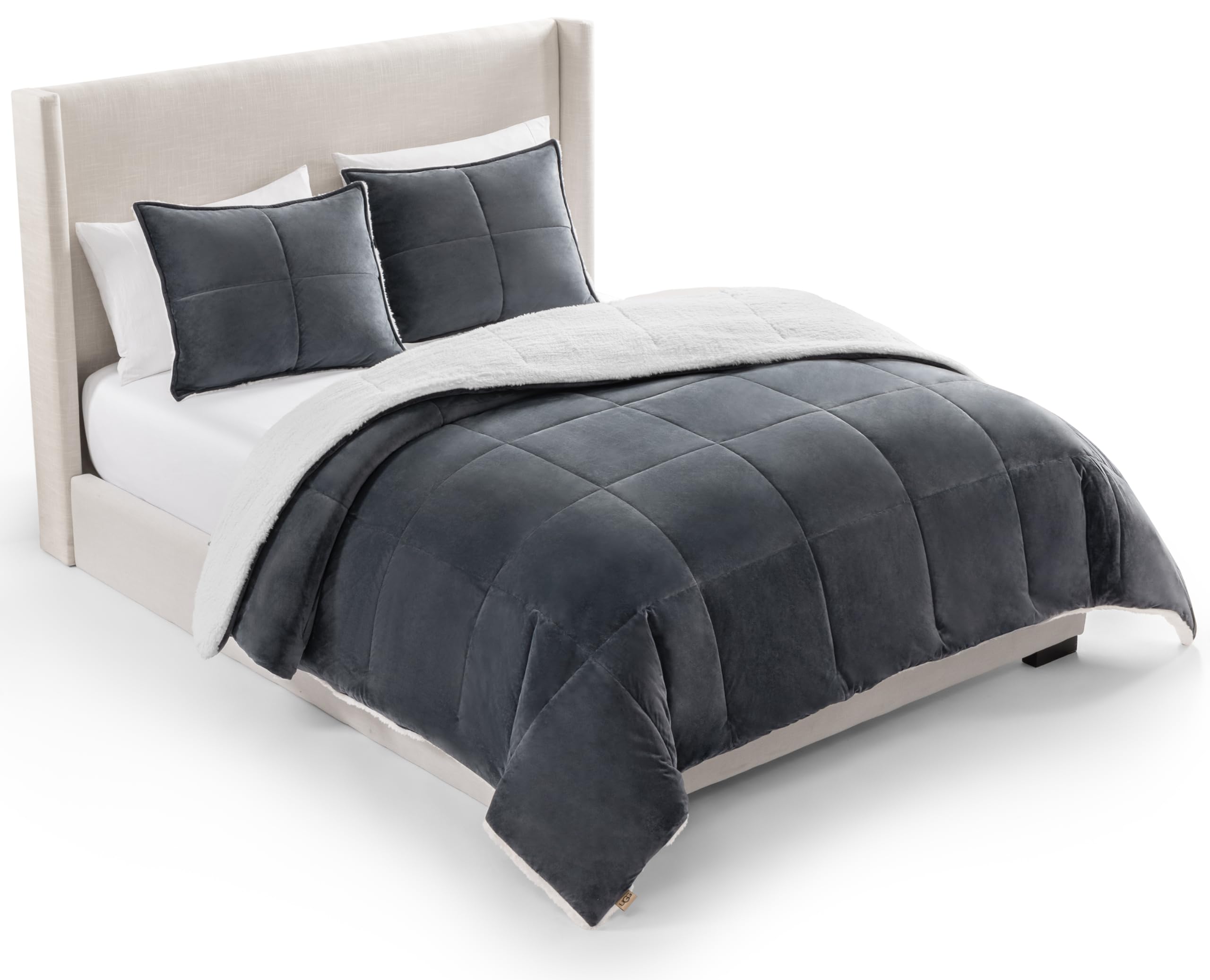 UGG comforter front view in imperial blue showing elegant finish and cozy look