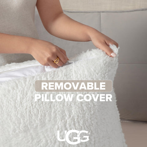 UGG comforter and matching shams folded to show reversible styling benefit