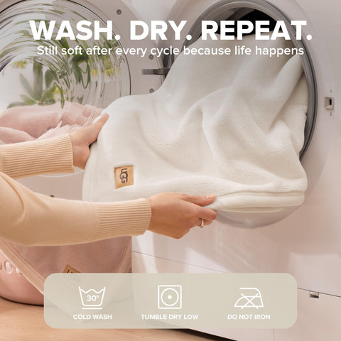 UGG Coco throw care label image showing easy-care instructions benefit