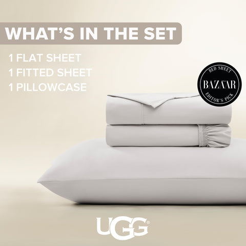 UGG Hedi flat sheet spread across Twin XL bed highlighting smooth, cooling surface