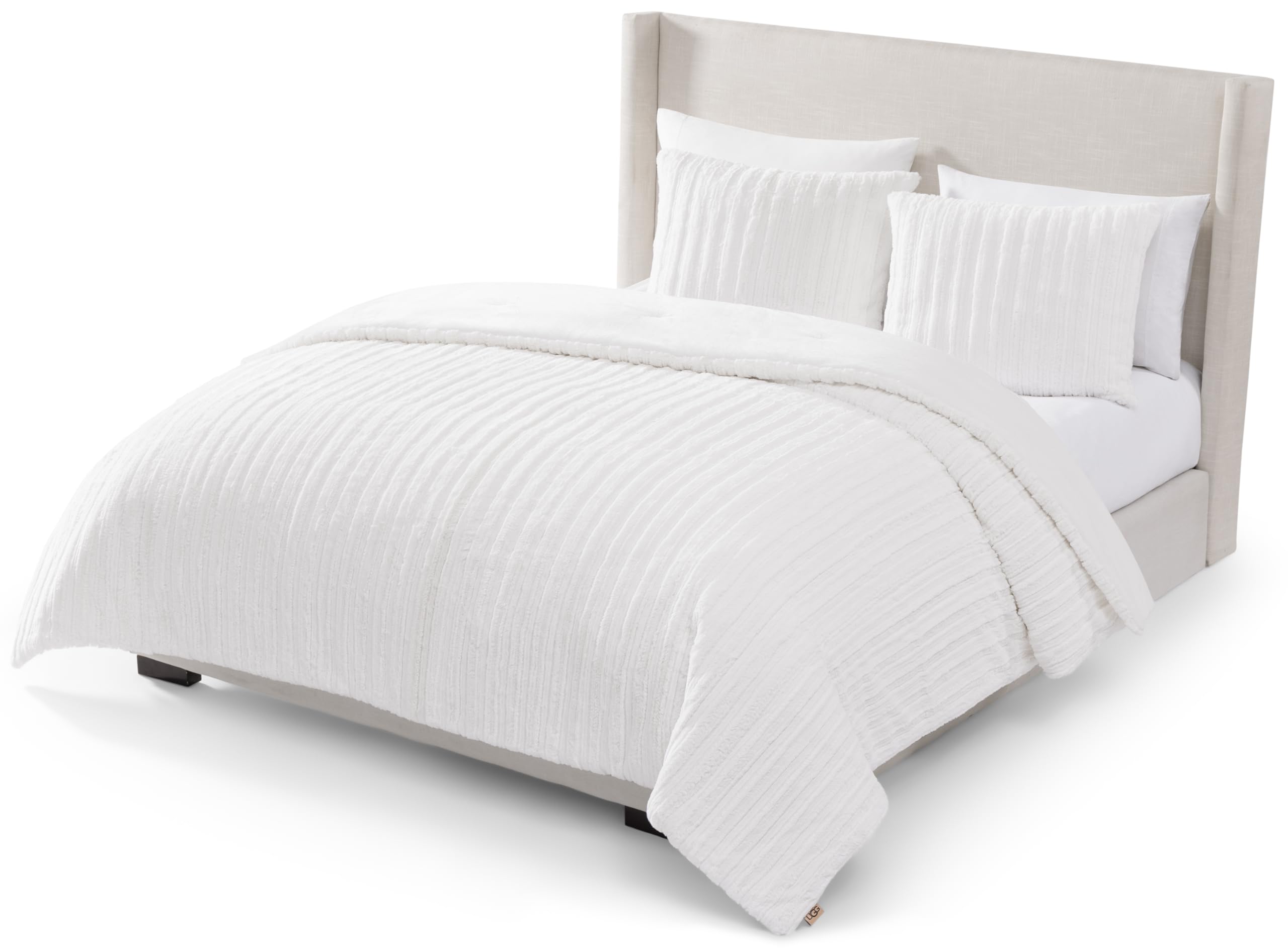 UGG Kenzie front view showing white comforter and two shams, adds cozy elegance