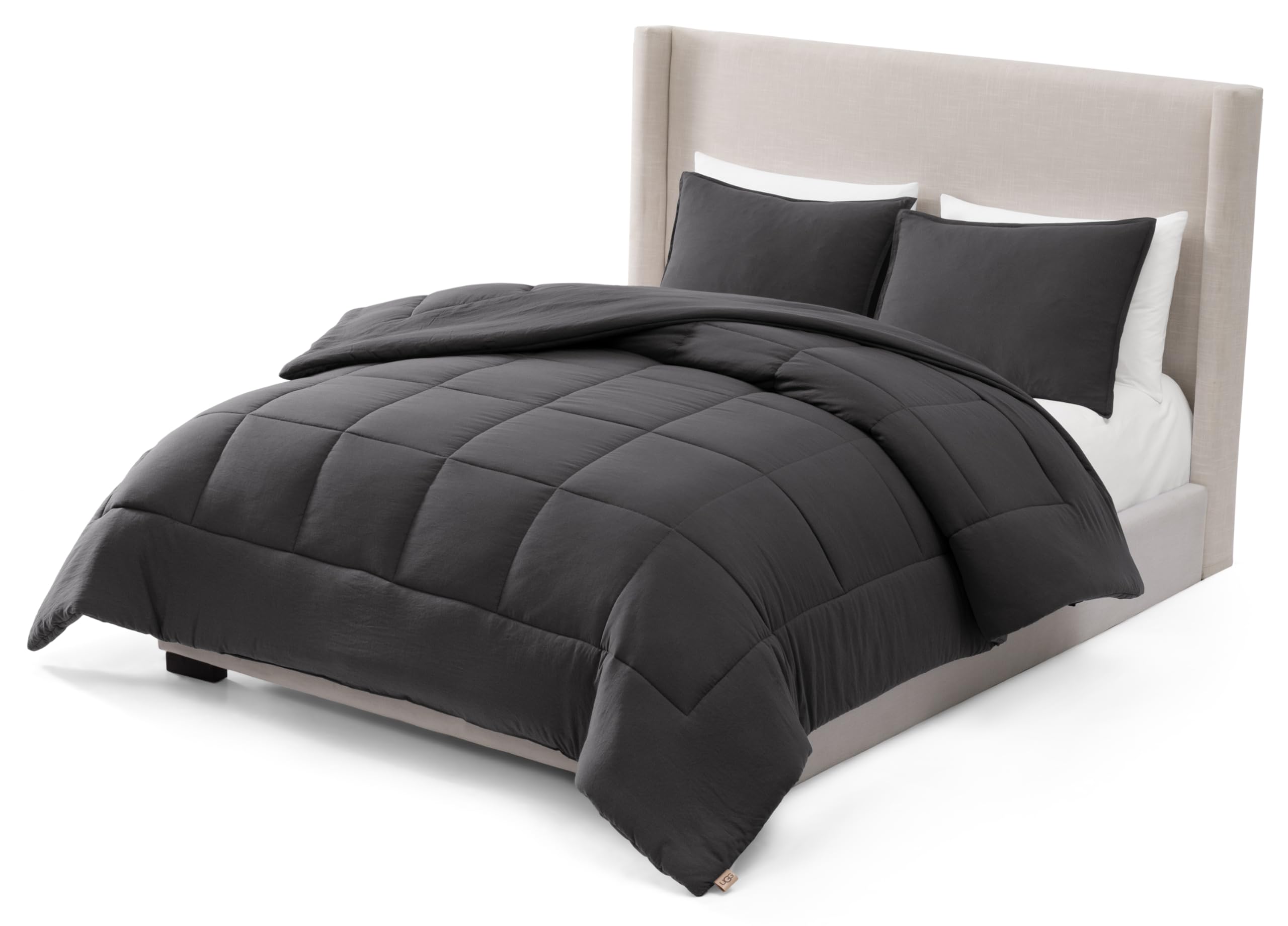 UGG front view of Leonora comforter on bed showing charcoal styling and cozy look