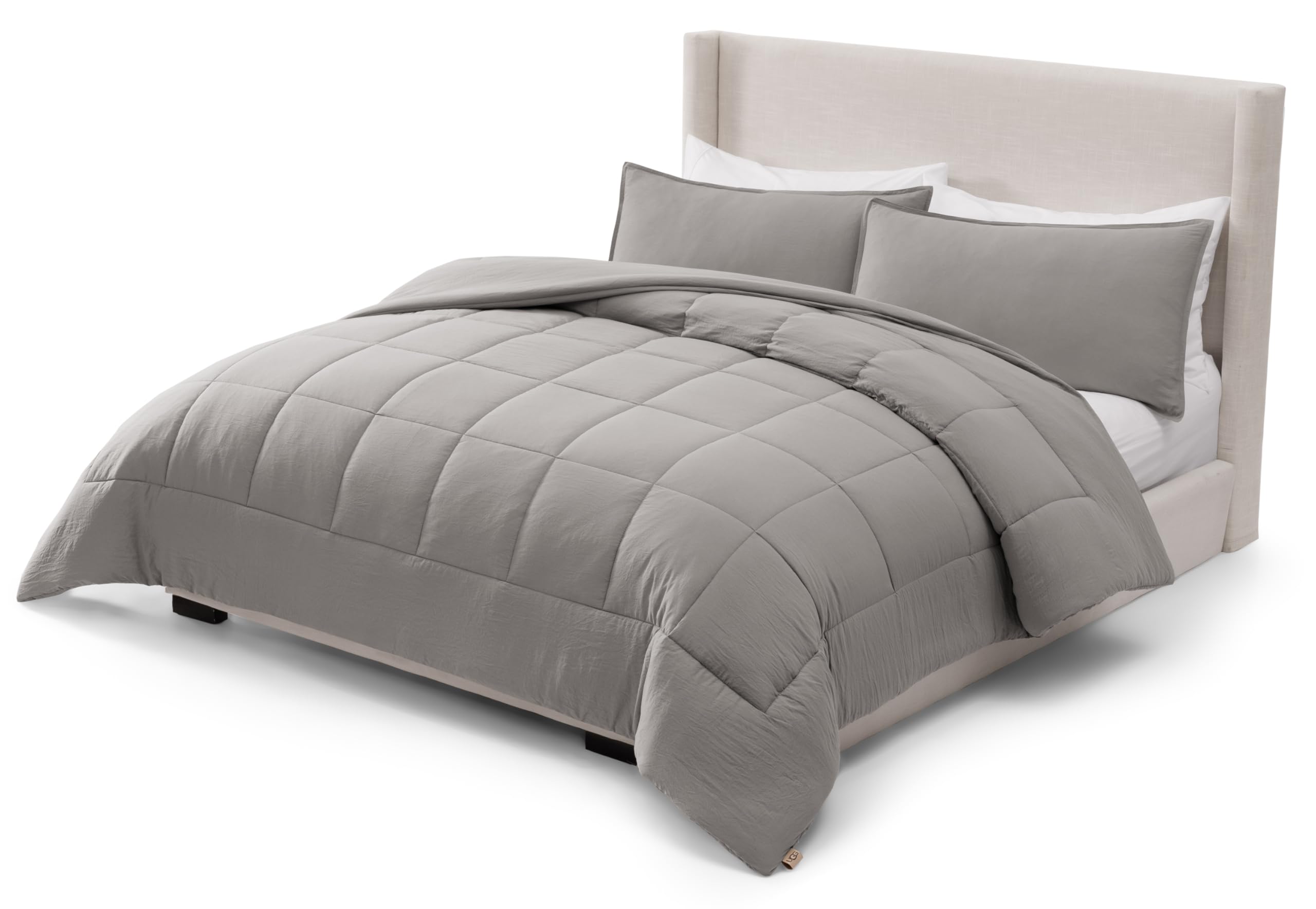 UGG Leonora front view on king bed shows plush comfort and modern seal grey style