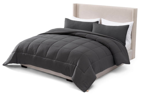 UGG Leonora comforter front view showing charcoal color and neat box-stitch for even warmth