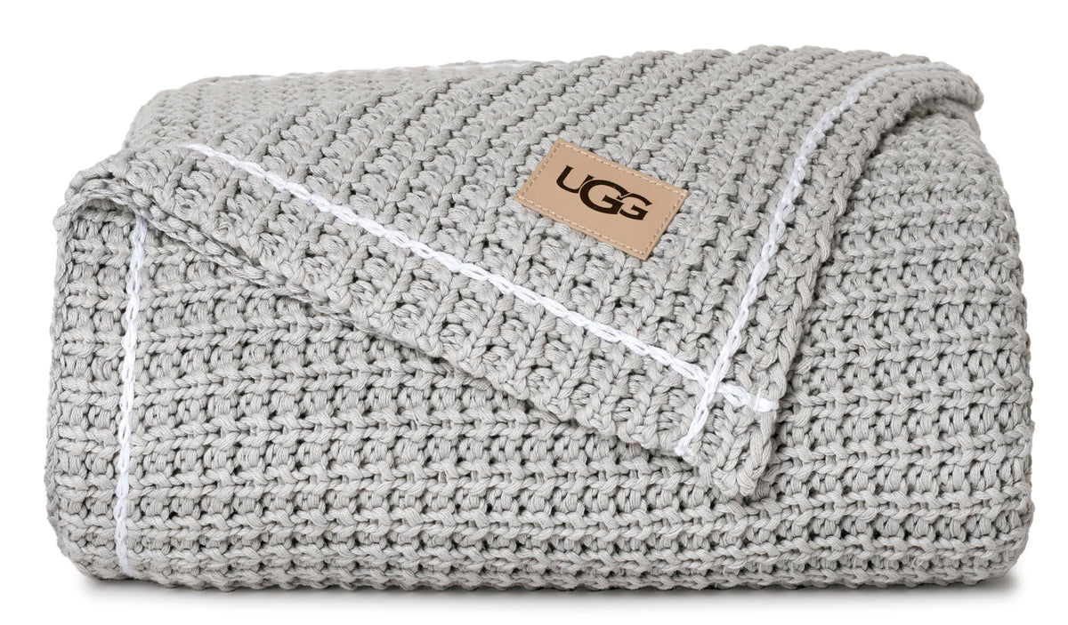 UGG Luna folded on surface showing chambray grey color and neat edges, inviting comfort