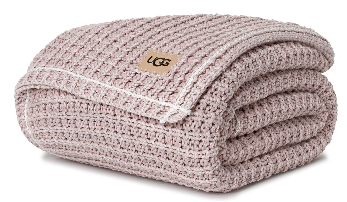 UGG Luna throw front view showing pink waffle knit and cozy look