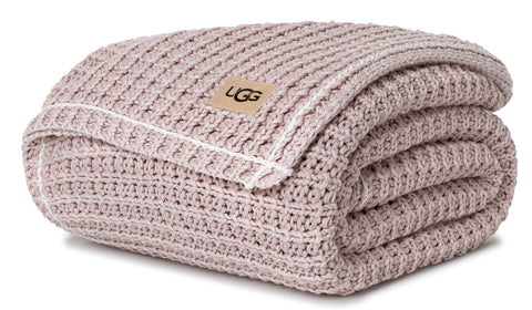 UGG Luna throw front view showing pink waffle knit and cozy look