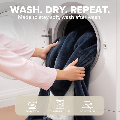 UGG Nita blanket care label close-up showing machine washable materials and easy upkeep