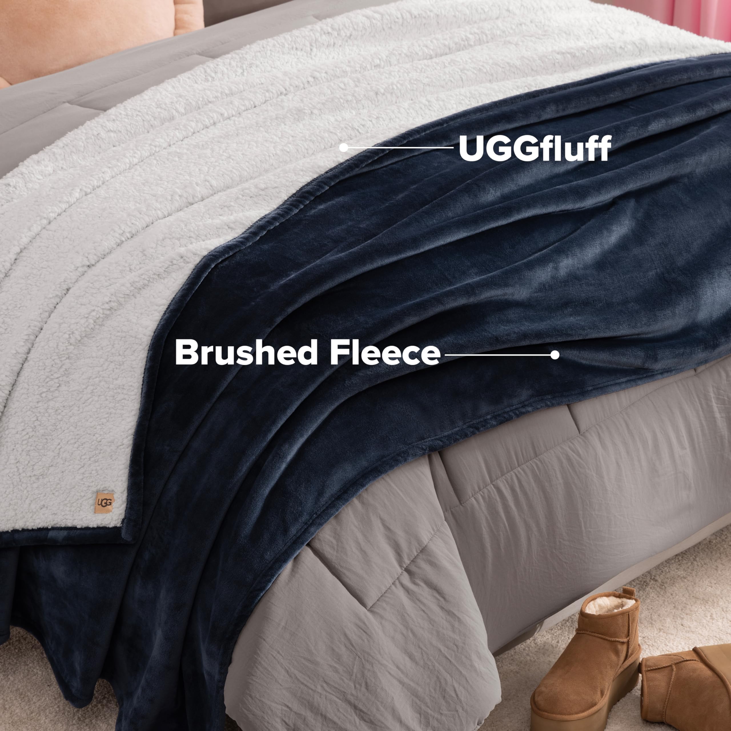 UGG Nita blanket beside a pillow illustrating scale and generous 90-by-90 size