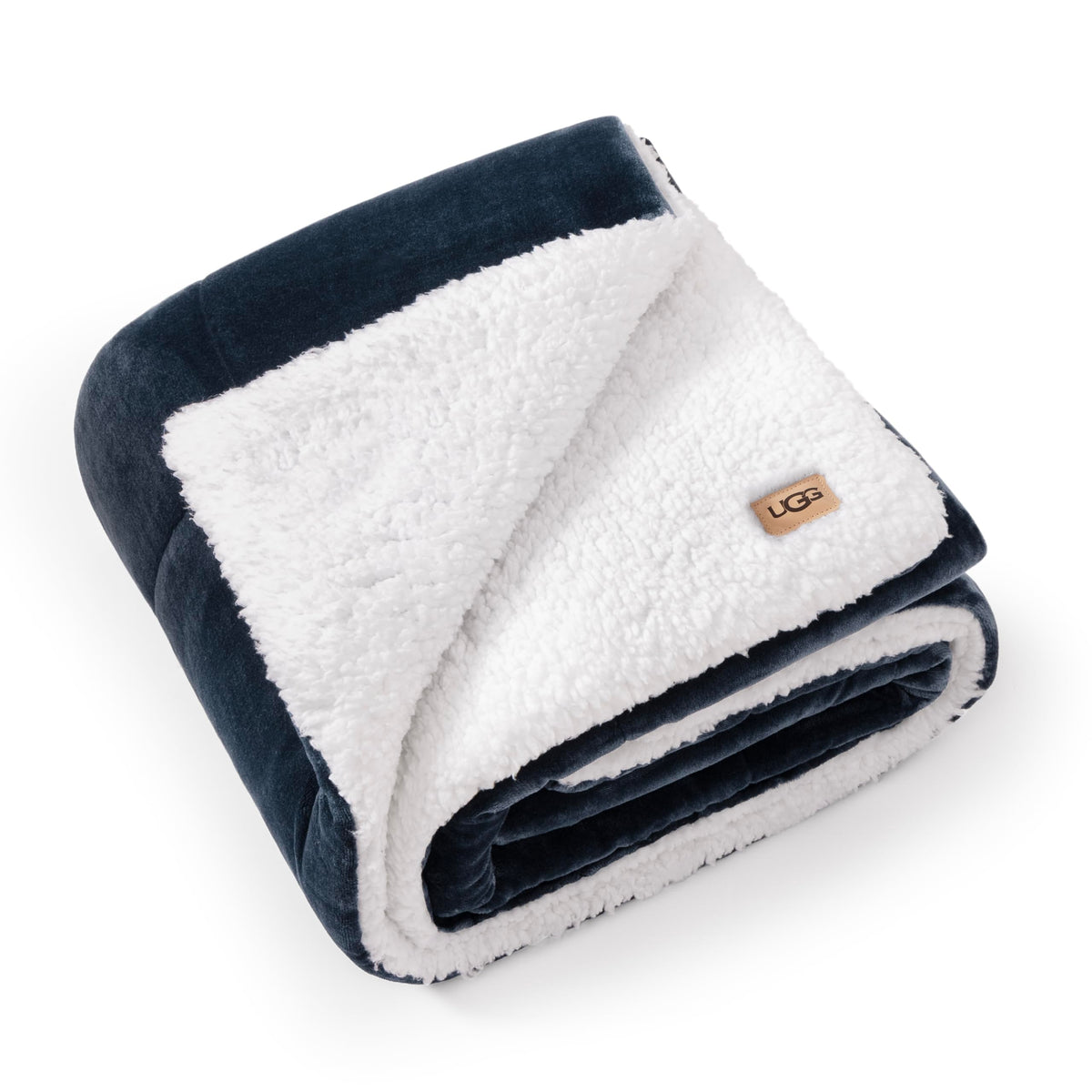 UGG Nita front view navy throw showing tailored box stitch and neat finish benefit: structured style