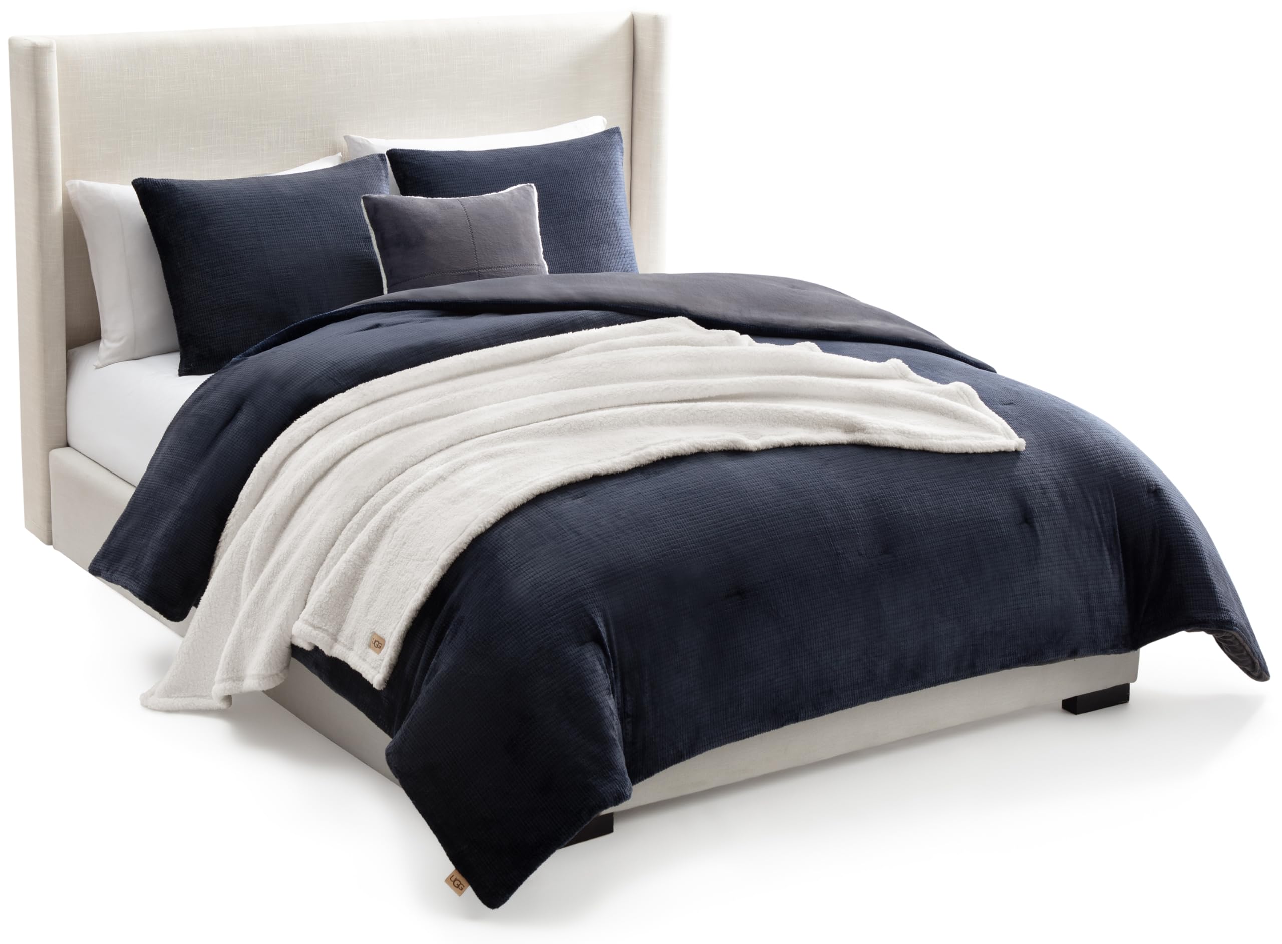 UGG Remina front view showing navy comforter set and clean styling benefit