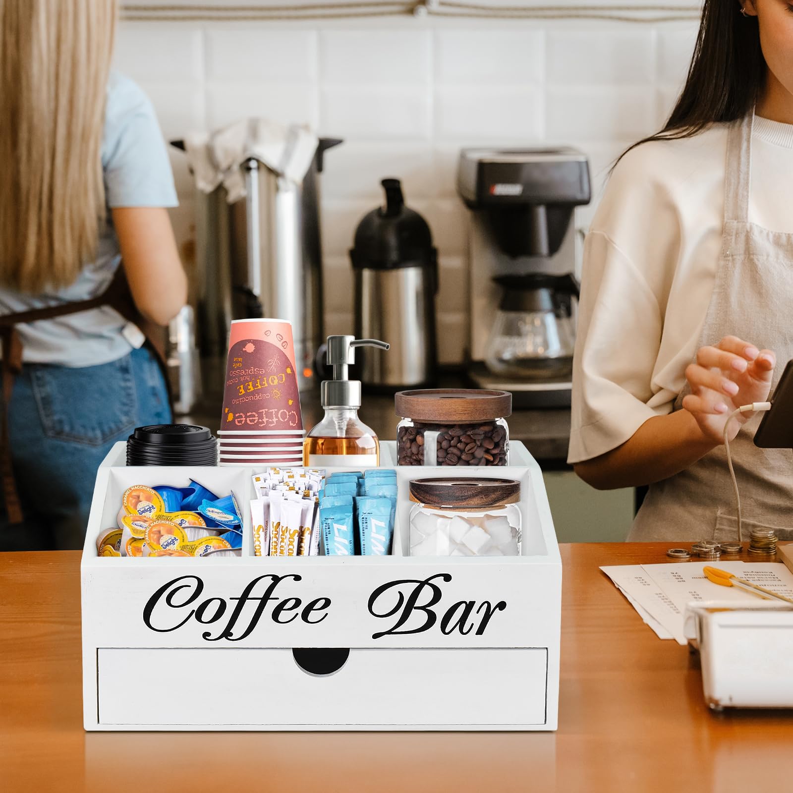 ugiftt rear compartments holding stacked cups and stirrers for organized countertop service