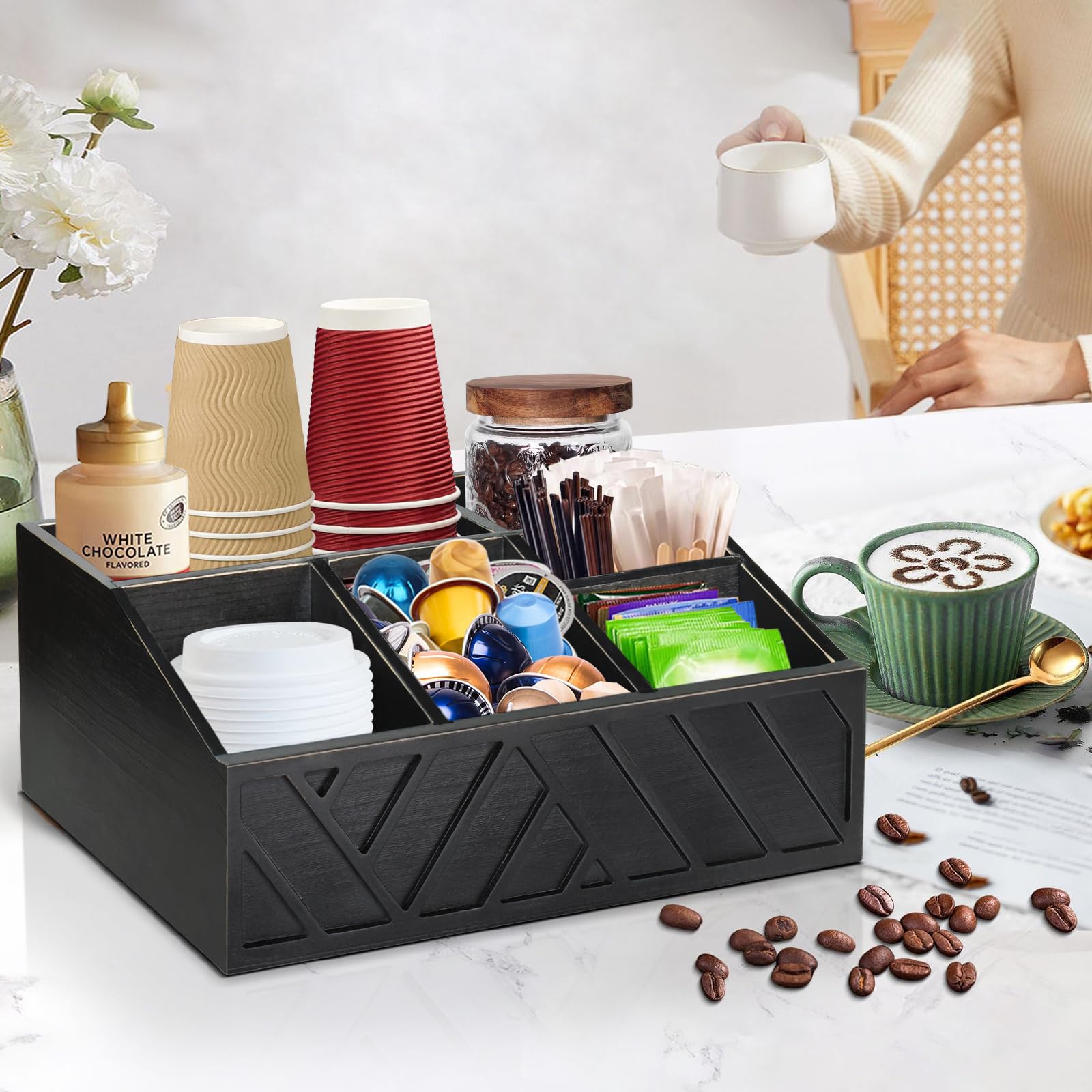 ugiftt organizer in use on kitchen counter keeping pods and condiments organized