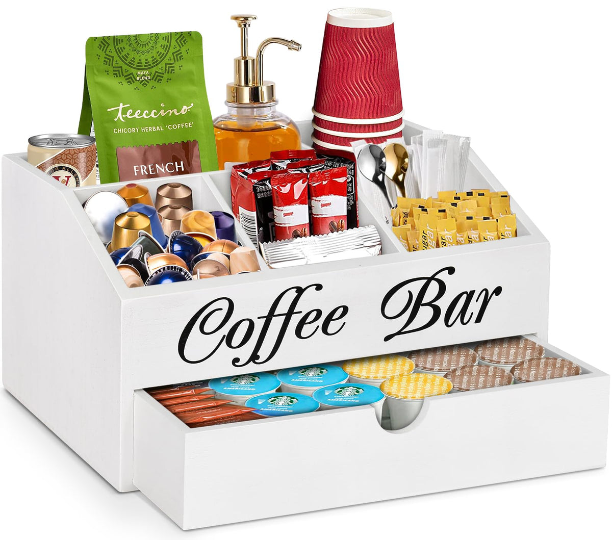 ugiftt front view of wooden coffee bar organizer showing neat pod storage and accessibility