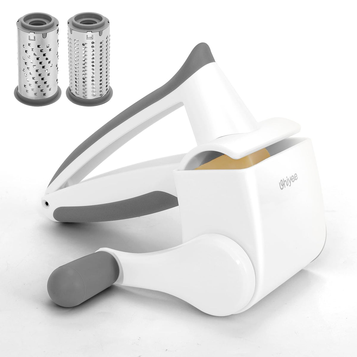 UHIYEE front view of white handheld grater showing compact design and quick use