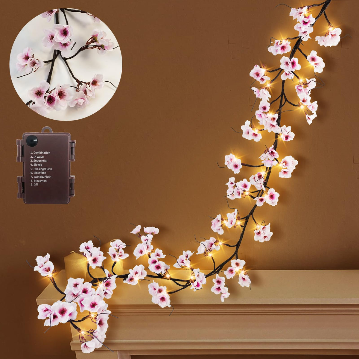 Uieke garland front display showing flowers and warm LEDs, adds soft ambiance