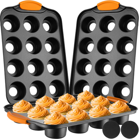 Uiifan front packaging of three orange 12-cavity mini cheesecake pans for efficient baking