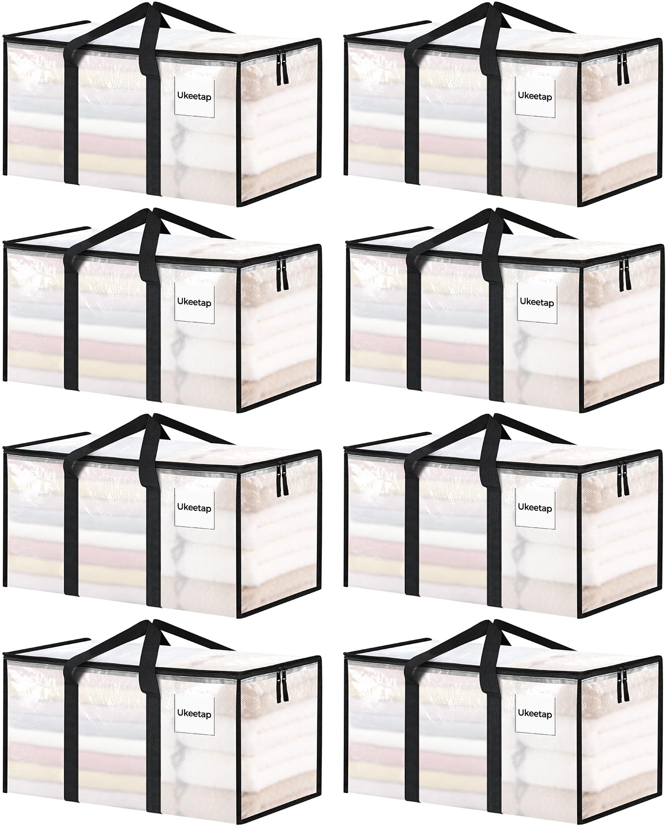 Ukeetap front view of clear 8-pack bags showing size and lid for easy packing