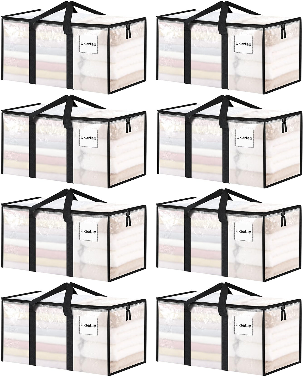 Ukeetap front view of clear 8-pack bags showing size and lid for easy packing