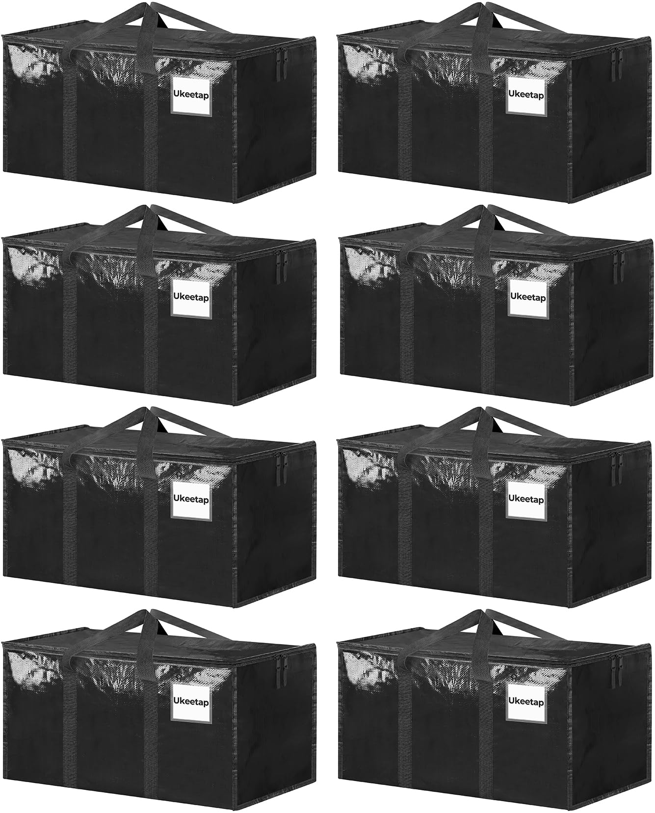 ukeetap front view of eight black storage bags showing capacity and neat stack benefit