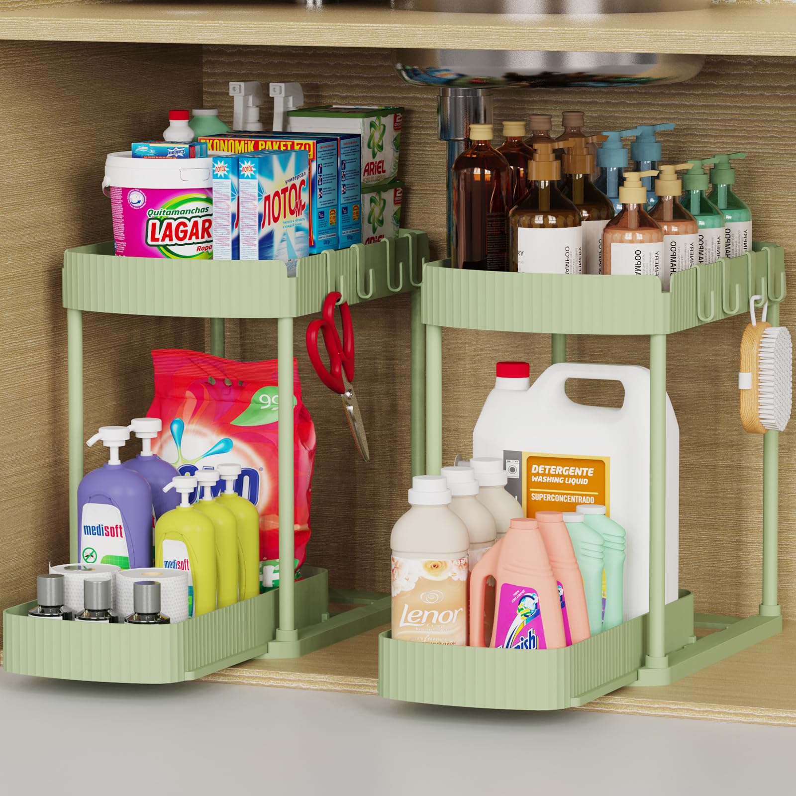 ukeetap front view showing two green organizers for instant cabinet order