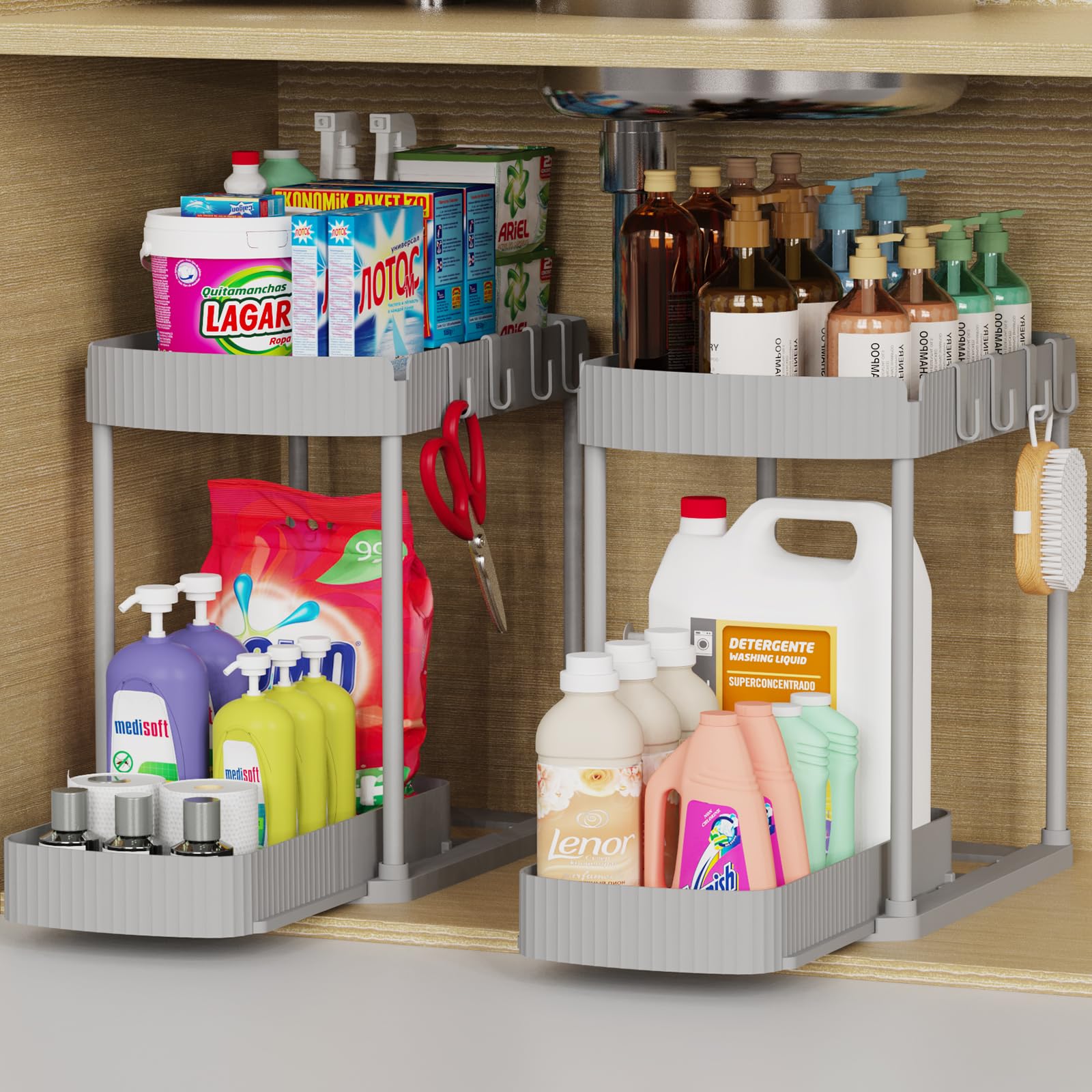 ukeetap front view of two grey pull-out organizers showing tidy storage benefit
