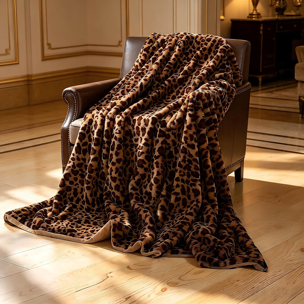 UKELER front view of leopard throw showing print and cozy appeal