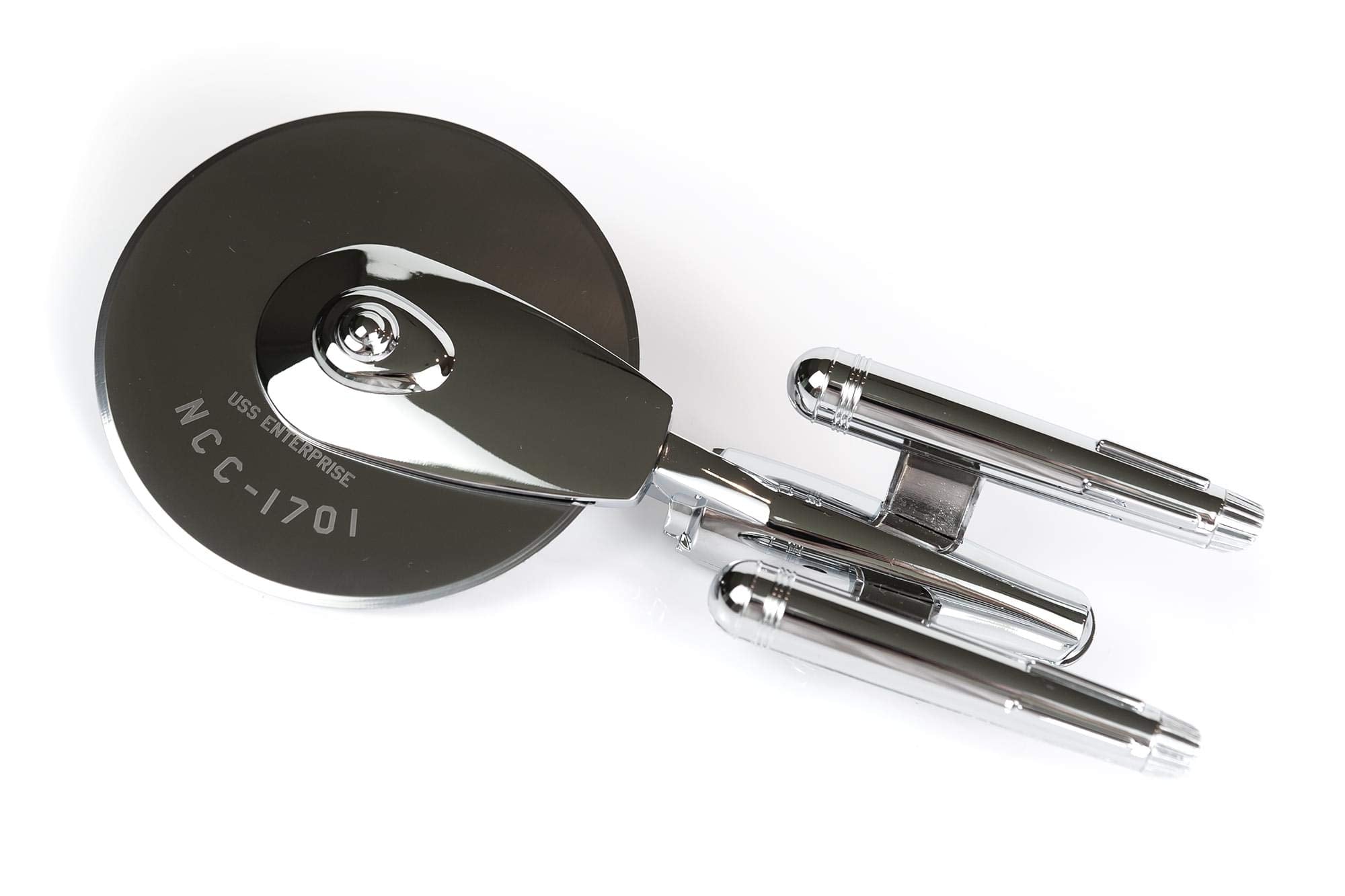 Ukonic front view of Enterprise pizza cutter showing ship shape and display appeal