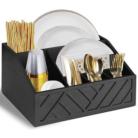 Ukonvi front view of wooden plate dispenser organizing plates and utensils for tidy counters