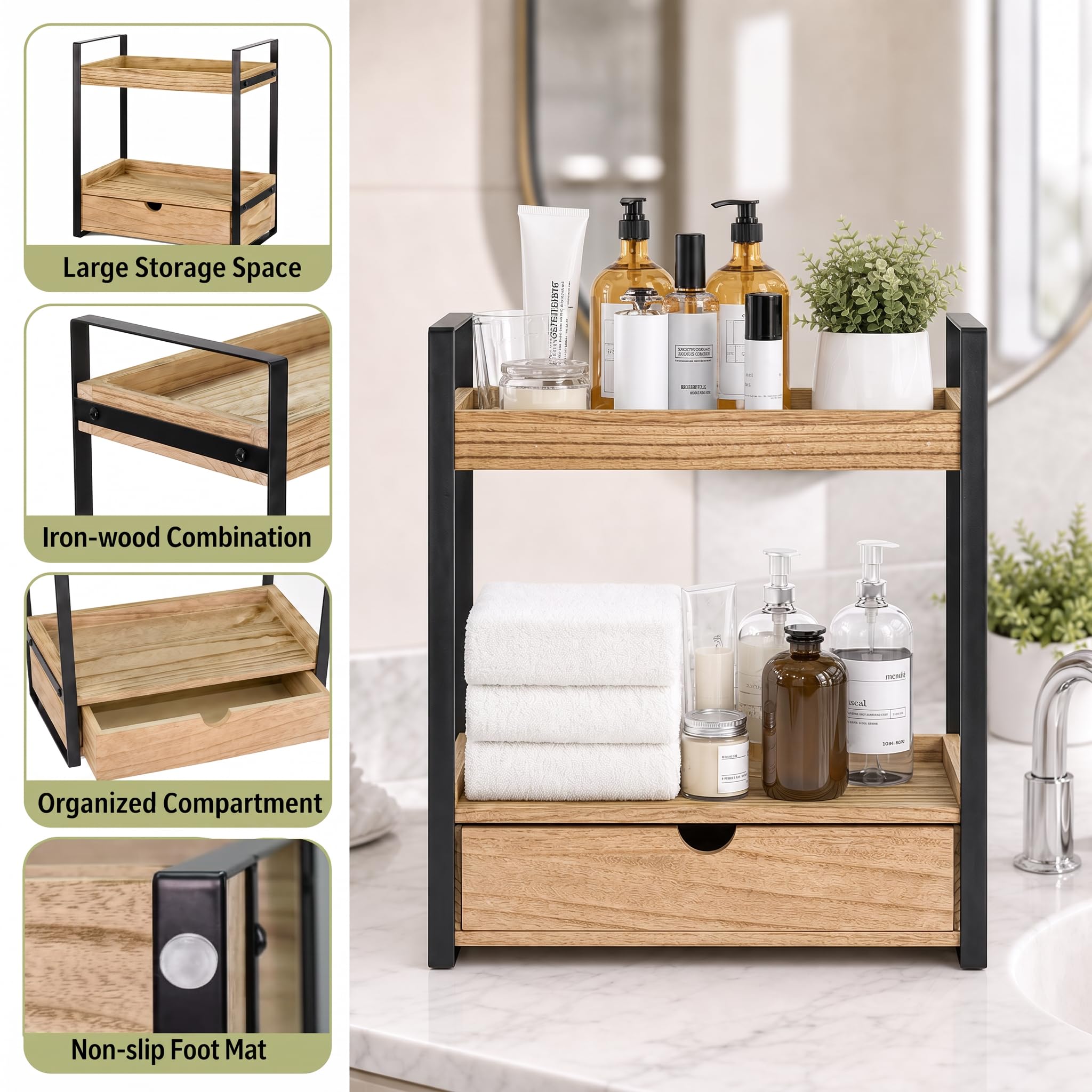 Ukonvi styled on bathroom vanity demonstrating organized skincare and decor appeal